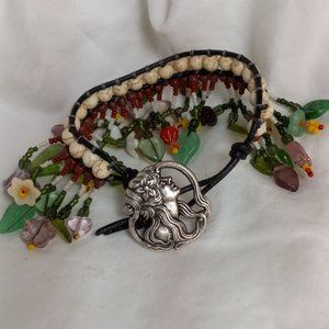 Woven Bracelet with Glass Flowers Beads and More, Unique Button on Black Leather